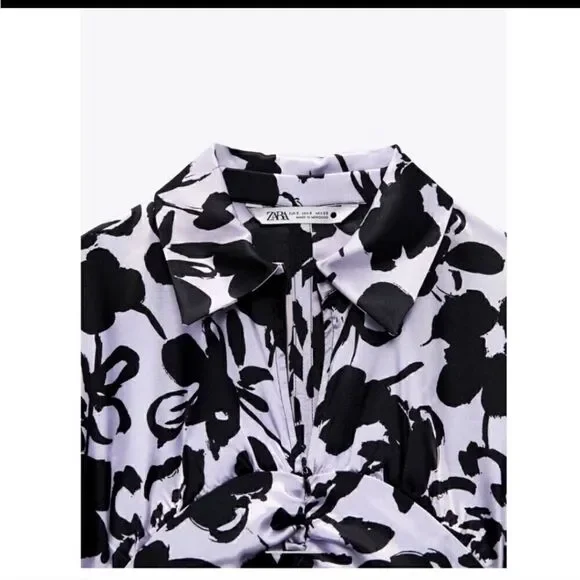 Zara Satin Effect Black and Lilac Dress Sz Large - Picture 3 of 8